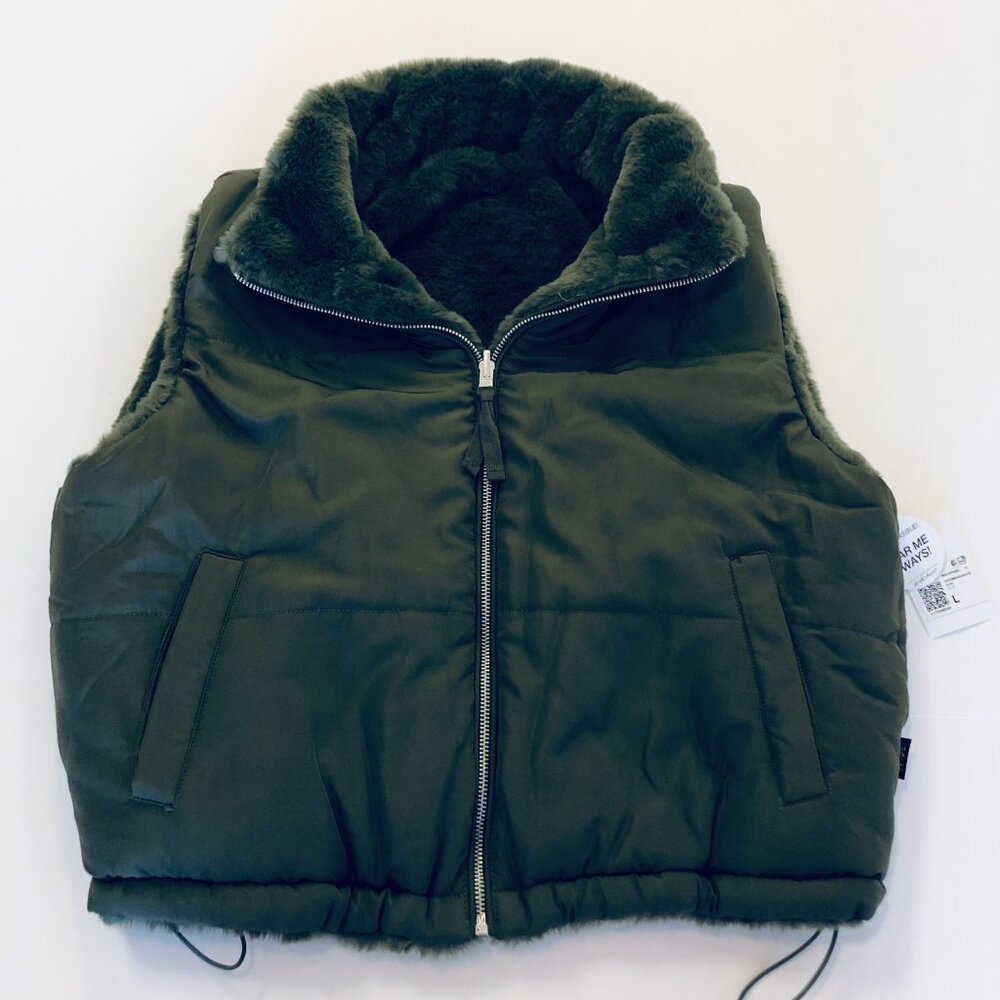 Forever 21 Zip Up Puffer Vest Jacket 2 Way Reversible Plush Trim Size L Green